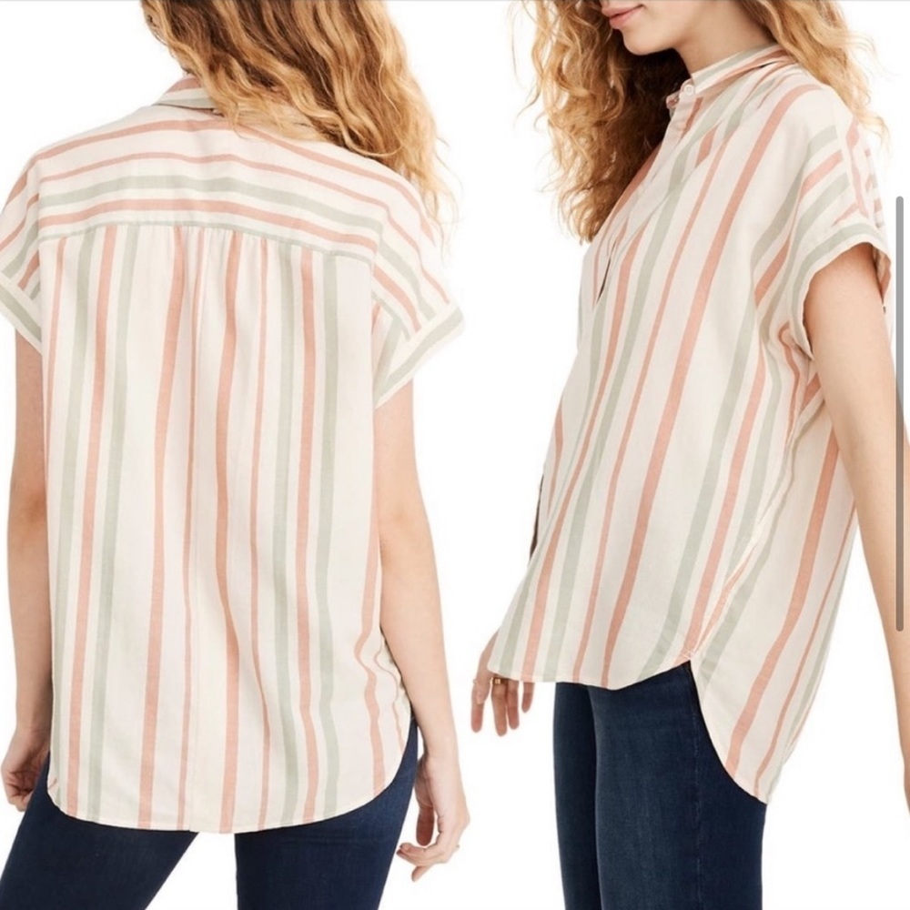 Madewell Central Multi Stripe Oversized Button Shirt Lucid Pink Medium